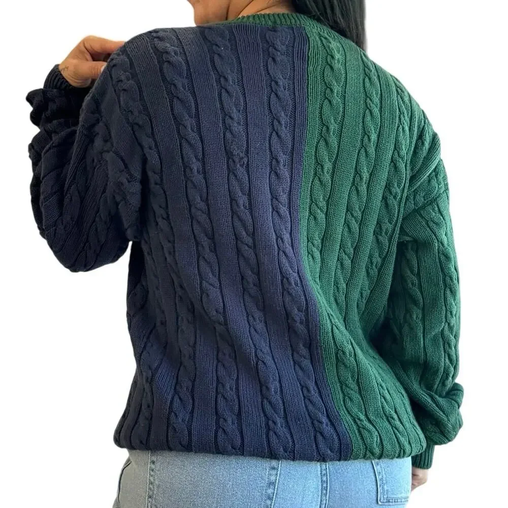 Vintage John Ashford 90s Colorblock Cable Knit Sweater Green Navy Cotton L